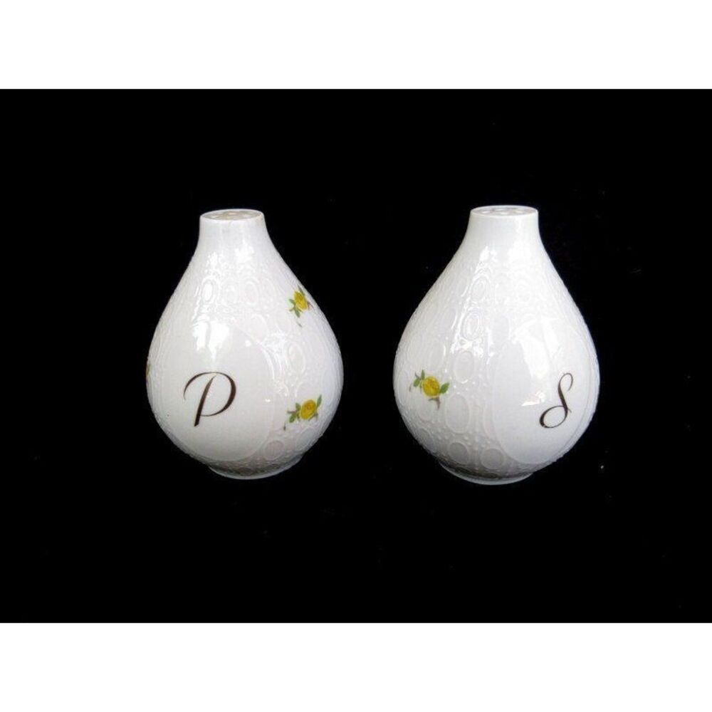 Rosenthal Harmony Romance Salt/Pepper‎ Shakers White Yellow Roses Embossed Ovals